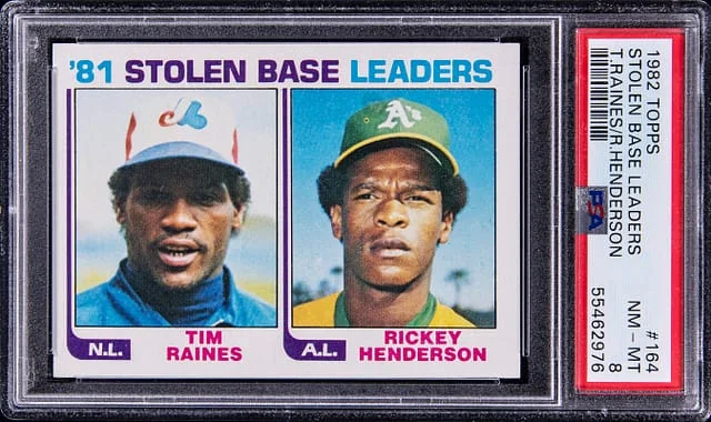1982 Topps Tim Raines/Rickey Henderson Stolen Base Leaders #164 card image