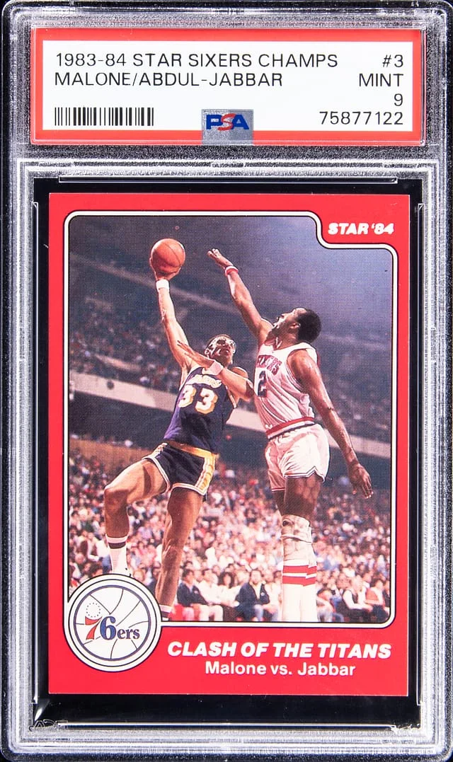 1983-84 Star Sixers Champs Malone/Abdul-Jabbar #3 card image