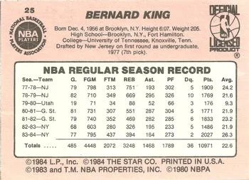 1984-85 Star Bernard King #25 card back image