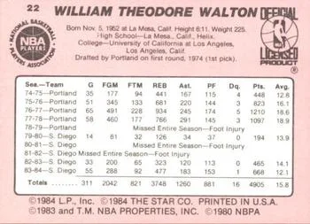 1984-85 Star Bill Walton #22 card back image