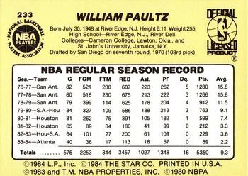 1984-85 Star Billy Paultz #233 card back image
