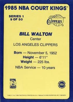 1984-85 Star Court Kings Bill Walton #9 card back image