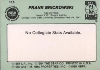 1984-85 Star Frank Brickowski #115 card back image