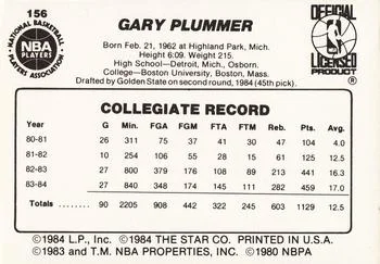 1984-85 Star Gary Plummer #156 card back image
