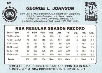 1984-85 Star George T. Johnson UERUER: Information on the back is of George L. Johnson #92 card back image
