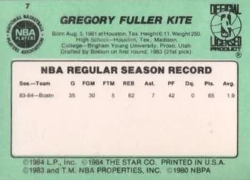 1984-85 Star Greg Kite #7 card back image