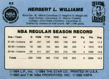 1984-85 Star Herb Williams SP #63 card back image