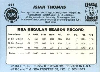 1984-85 Star Isiah Thomas #261 card back image