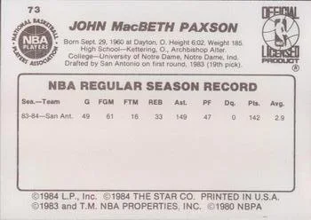 1984-85 Star John Paxson #73 card back image