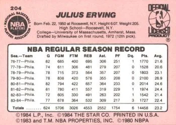 1984-85 Star Julius Erving #204 card back image
