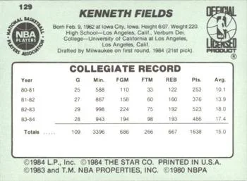 1984-85 Star Kenny Fields #129 card back image