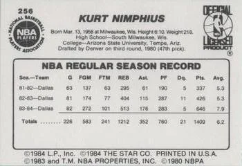 1984-85 Star Kurt Nimphius #256 card back image