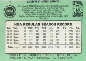 1984-85 Star Larry Bird #1 card back image
