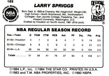 1984-85 Star Larry Spriggs #182 card back image