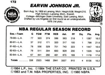1984-85 Star Magic Johnson #172 card back image