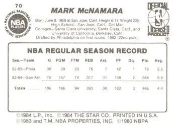 1984-85 Star Mark McNamara #70 card back image