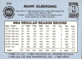 1984-85 Star Mark Olberding #276 card back image