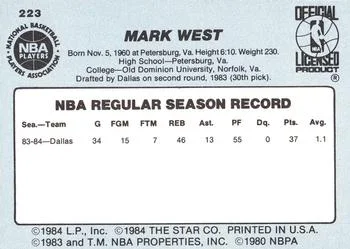 1984-85 Star Mark West #223 card back image