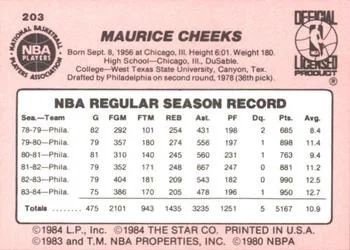 1984-85 Star Maurice Cheeks #203 card back image