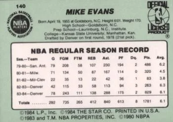 1984-85 Star Mike Evans #140 card back image