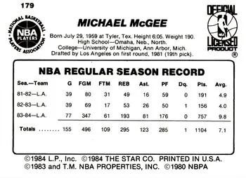 1984-85 Star Mike McGee #179 card back image