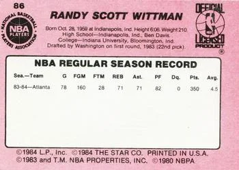 1984-85 Star Randy Wittman #86 card back image