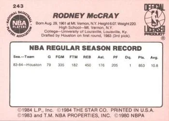1984-85 Star Rodney McCray #243 card back image