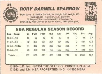 1984-85 Star Rory Sparrow #34 card back image