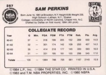 1984-85 Star Sam Perkins #257 card back image