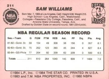 1984-85 Star Sam Williams #211 card back image