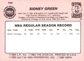 1984-85 Star Sidney Green #104 card back image