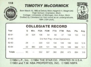 1984-85 Star Tim McCormick #118 card back image