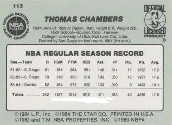 1984-85 Star Tom Chambers #113 card back image