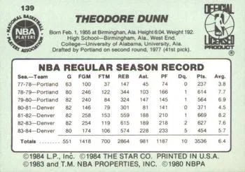 1984-85 Star T.R. Dunn #139 card back image