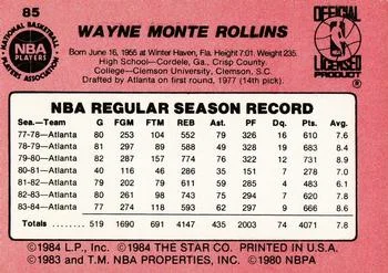 1984-85 Star Tree Rollins #85 card back image