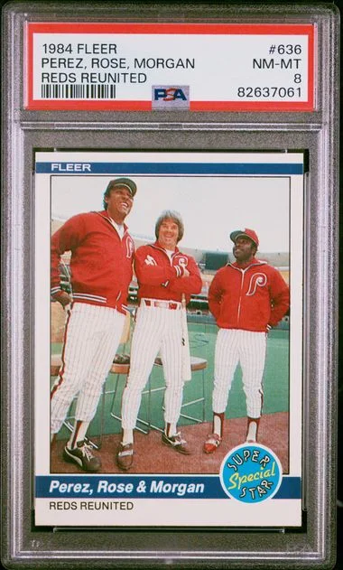 1984 Fleer Perez, Rose, Morgan Reds Reunited #636 card image