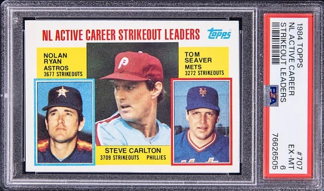 1984 Topps Nolan Ryan, Steve Carlton, Tom Seaver NL Active Career Strikeout Leaders #707 card image