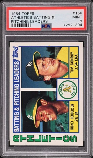 1984 Topps Rickey Henderson/Tim Conroy Athletics Batting & Pitching Leaders #156 card image