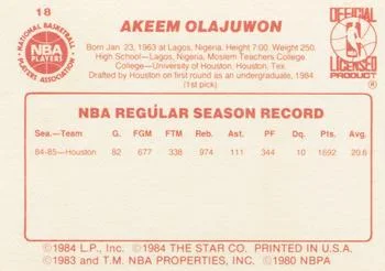 1985-86 Star Akeem Olajuwon #18 card back image