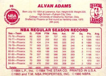 1985-86 Star Alvan Adams #35 card back image