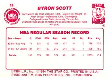 1985-86 Star Byron Scott SP #32 card back image