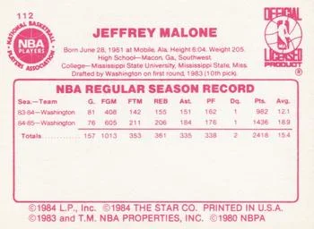 1985-86 Star Jeff Malone #112 card back image
