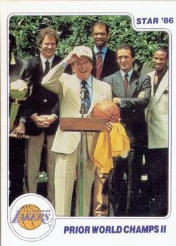 1985-86 Star Lakers Champs Kareem Abdul-Jabbar / Mitch Kupchak / Ronald Reagan / Pat Riley / Byron Scott #18 card image