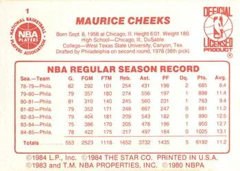 1985-86 Star Maurice Cheeks #1 card back image