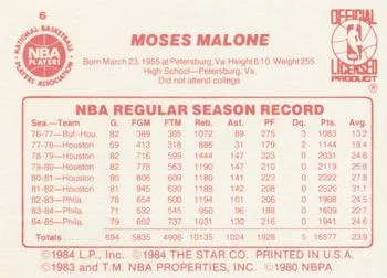 1985-86 Star Moses Malone #6 card back image