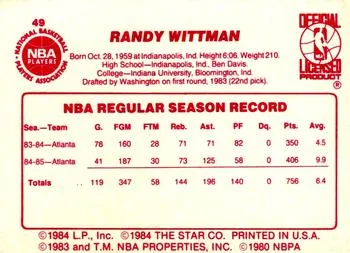 1985-86 Star Randy Wittman #49 card back image