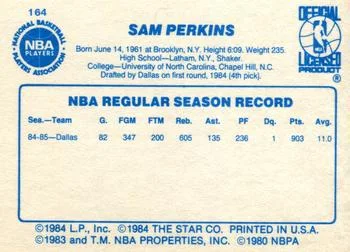 1985-86 Star Sam Perkins #164 card back image