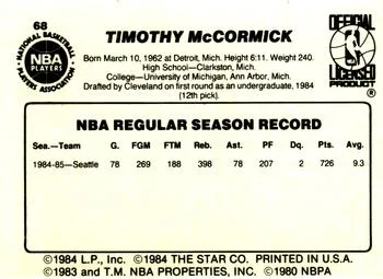 1985-86 Star Tim McCormick #68 card back image