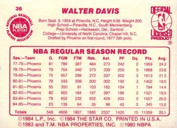 1985-86 Star Walter Davis #36 card back image