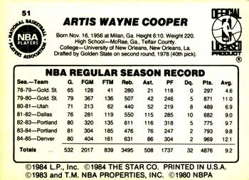 1985-86 Star Wayne Cooper #51 card back image